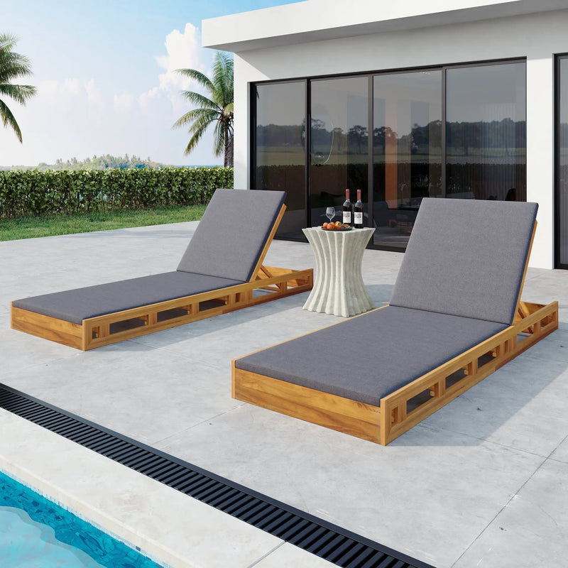 Acacia Wood Lounge Chaise Set with Water-Resistant Cushions by HouseOfZazla