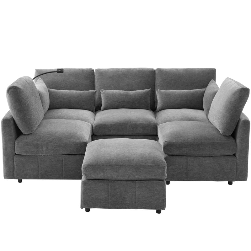Modern Modular U-Shaped Sofa Bed With Movable Ottoman, USB Ports, Phone Holder