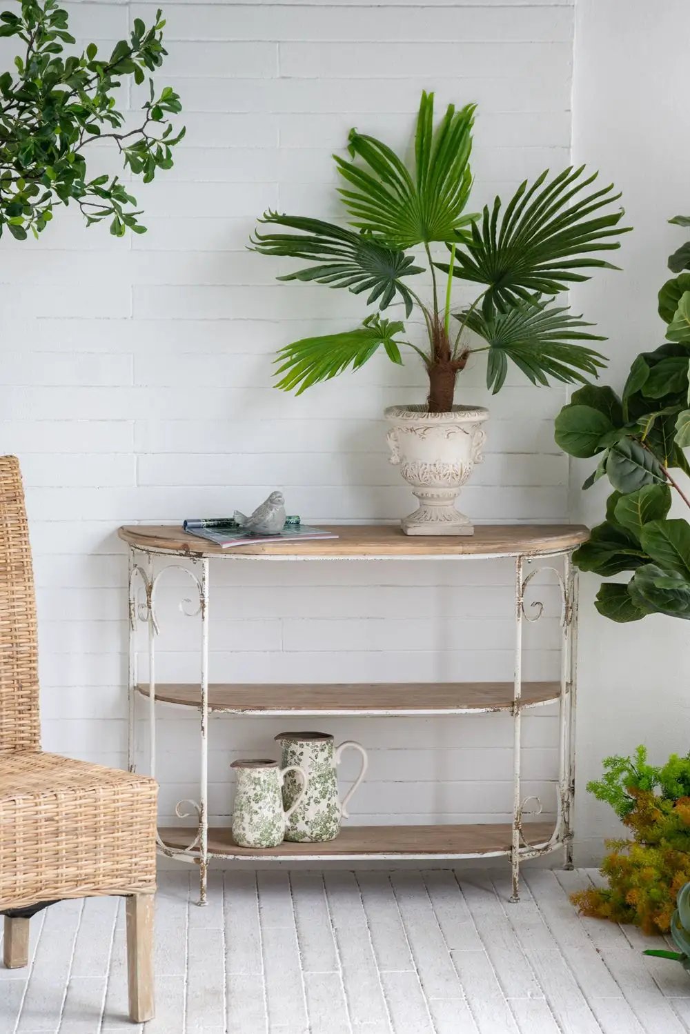 3 Tiered Wooden Shelving Unit With Ornate Iron Frame - Multicolor by Unique Piece Furniture