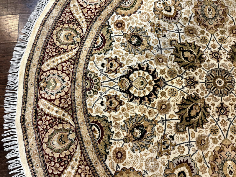 Round Pak Persian Rug 8x8, Vintage Handmade Wool Traditional Carpet, Beige Dark Red, Fine 270 KPSI by Jewel Rugs