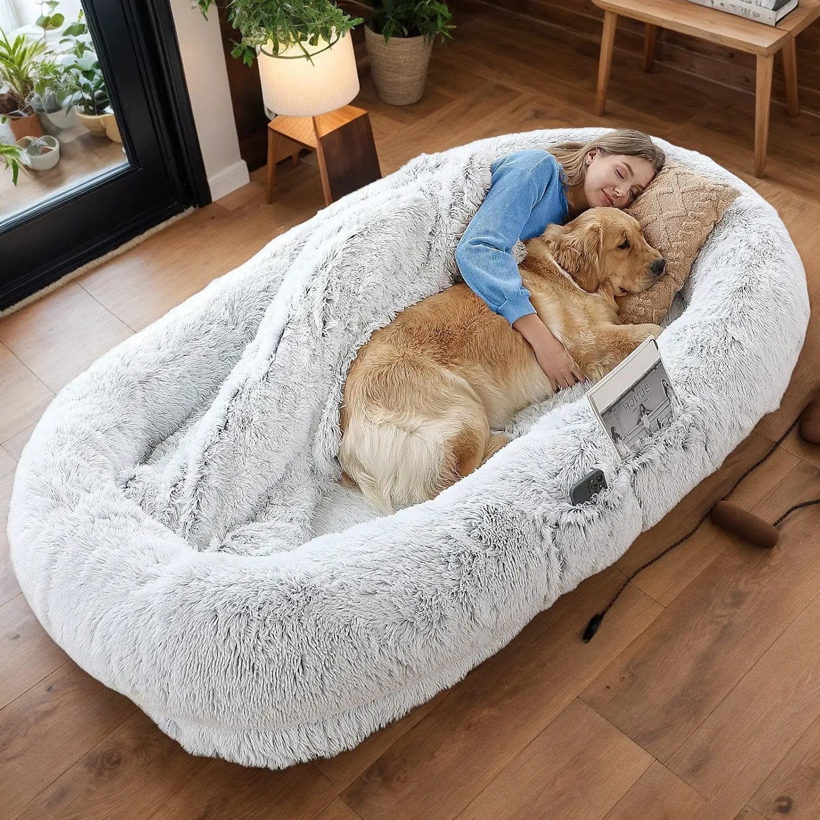 Human Dog Bed with Washable Faux Fur and Orthopedic Support by HouseOfZazla