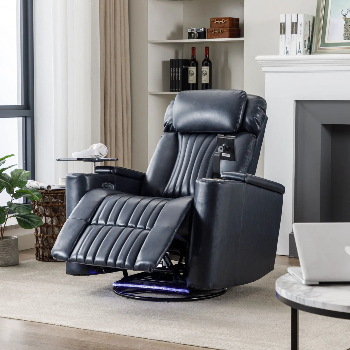 270° Power Swivel Recliner Home Theater Chair With Hidden Arm Storage, LED Light, Cup Holder, And Tray Table by Unique Piece Furniture