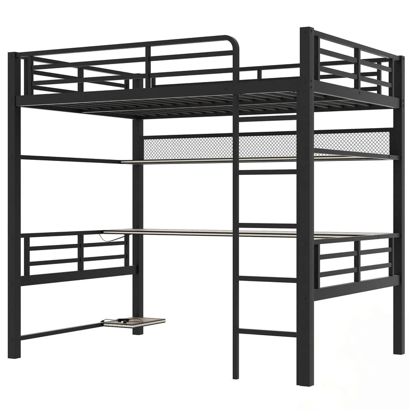 Full Size Loft Bed Frame With Storage Shelf And LED Light - Black by HouseOfZazla