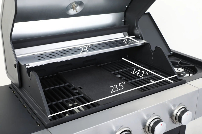 4 Burner Propane Gas Bbq Grill With Side Burner, 46790Btu Output With Enameed Cast Iron Cooking Grids For Outdoor Barbecue, Stainless Steel - Black / Silver by HouseOfZazla