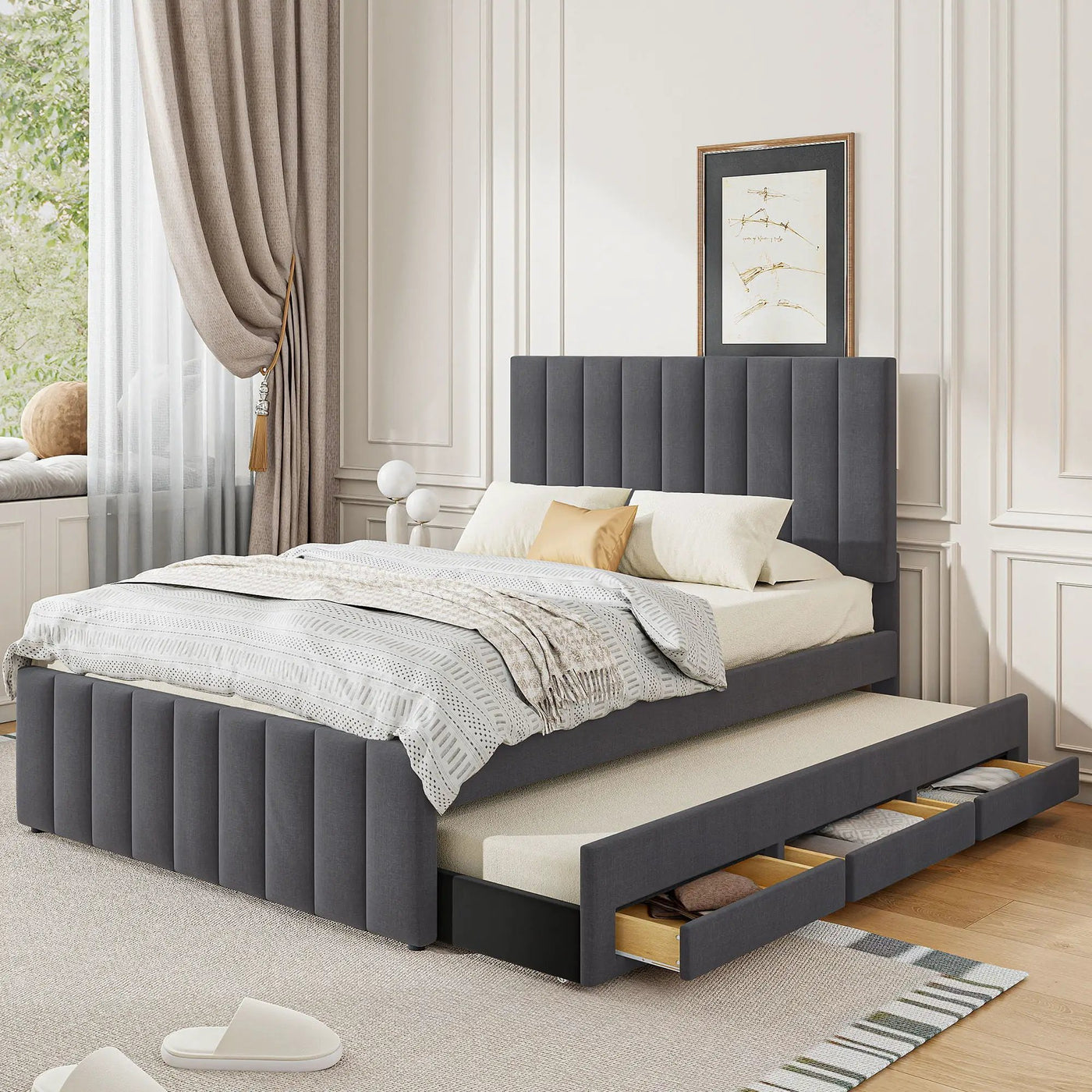 Upholstered Platform Bed With Twin Size Trundle And 3 Drawers by Unique Piece Furniture