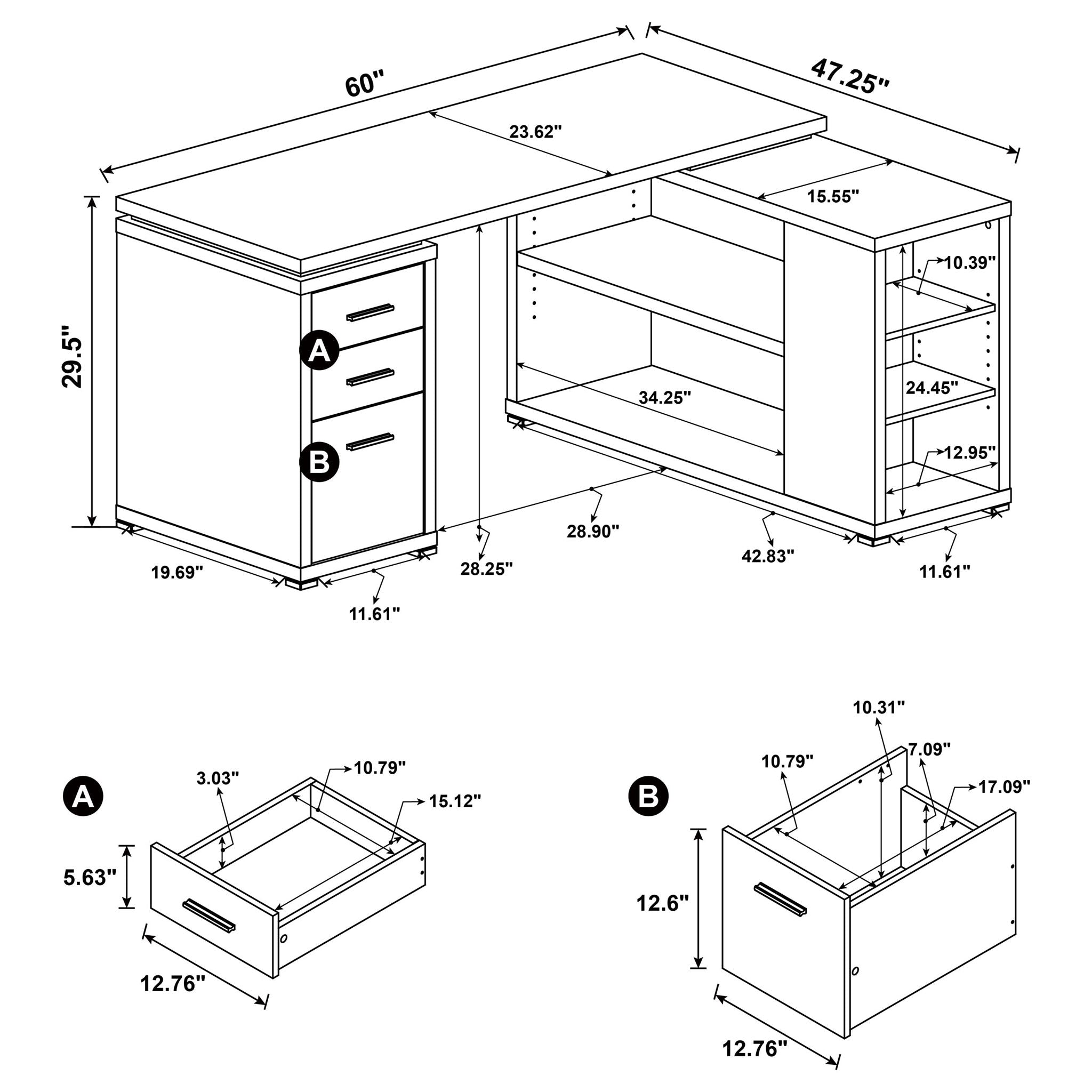 Tona - L-Shape Computer Desk With 3 Drawers And 5 Shelves by HouseOfZazla