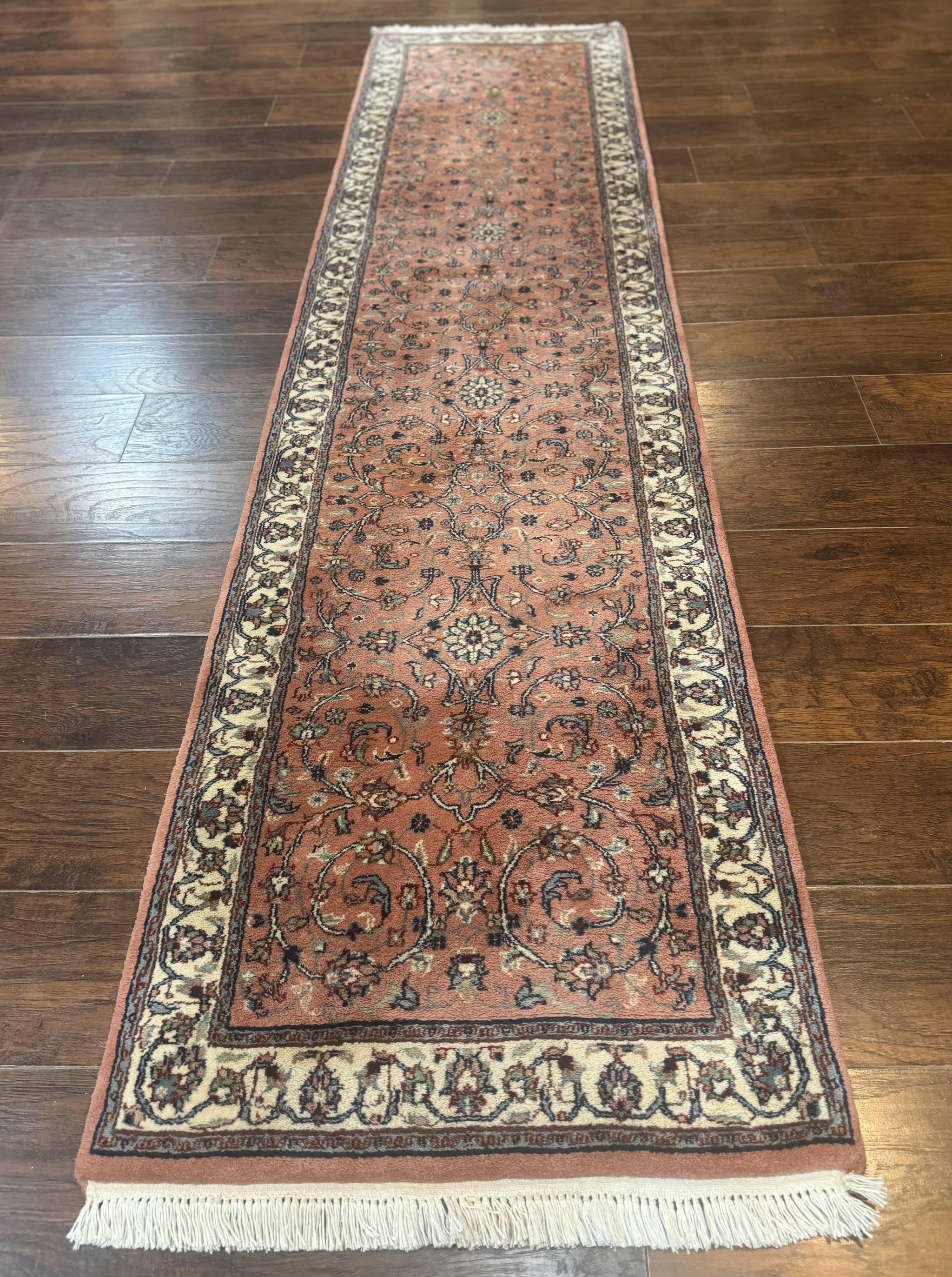 Indo Persian Runner Rug 2.6 x 10, Coral and Cream, Hand Knotted 10ft Wool Oriental Runner for Hallway or Kitchen by Jewel Rugs