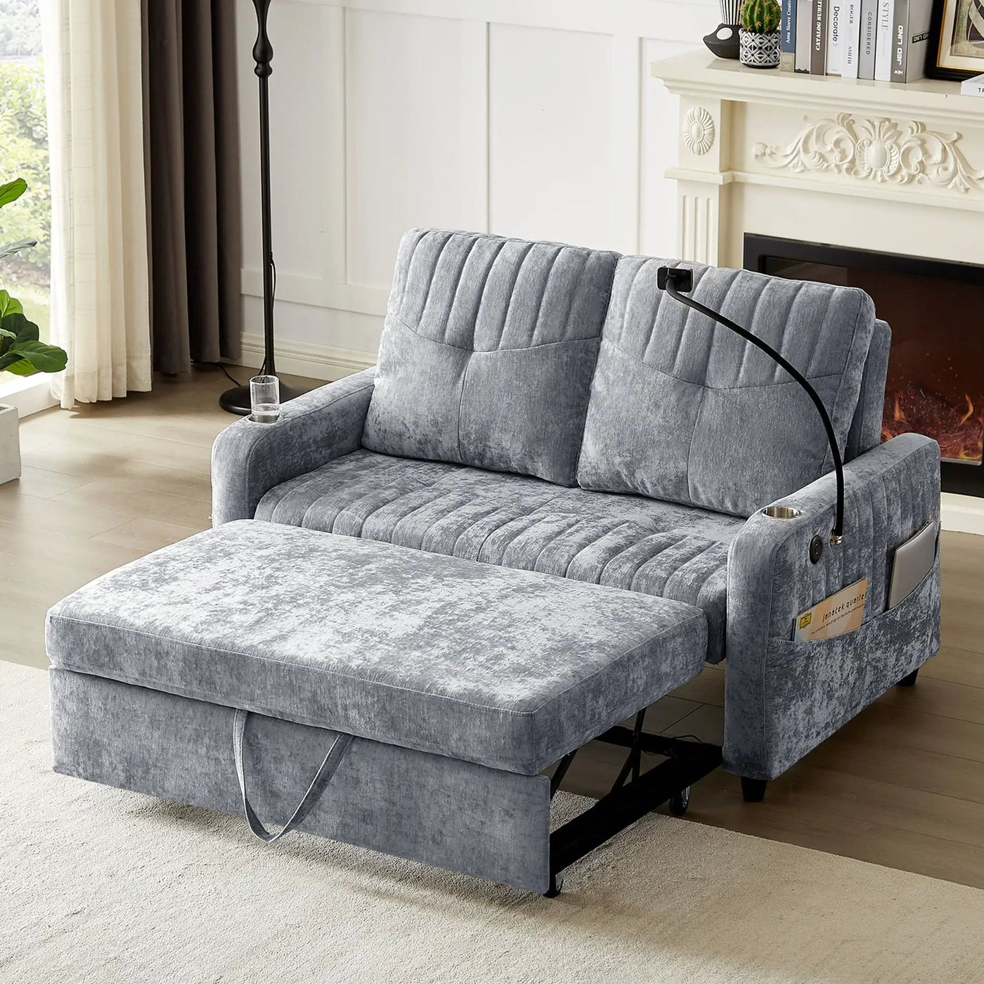 Modern Loveseat Pull Out Sofa Bed With Adjustable Backrest, Two Cup Holders, A Phone Holder, Three Charging Ports And Side Storage Pockets For Living Room by Unique Piece Furniture