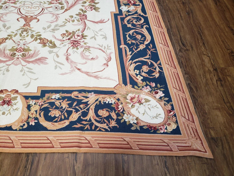 Chinese Aubusson Savonnerie Area Rug 6x8, Vintage Hand-Woven Needlepoint Rug, Flat Weave Handmade Wool Carpet Living Room Ivory & Navy Blue by Jewel Rugs