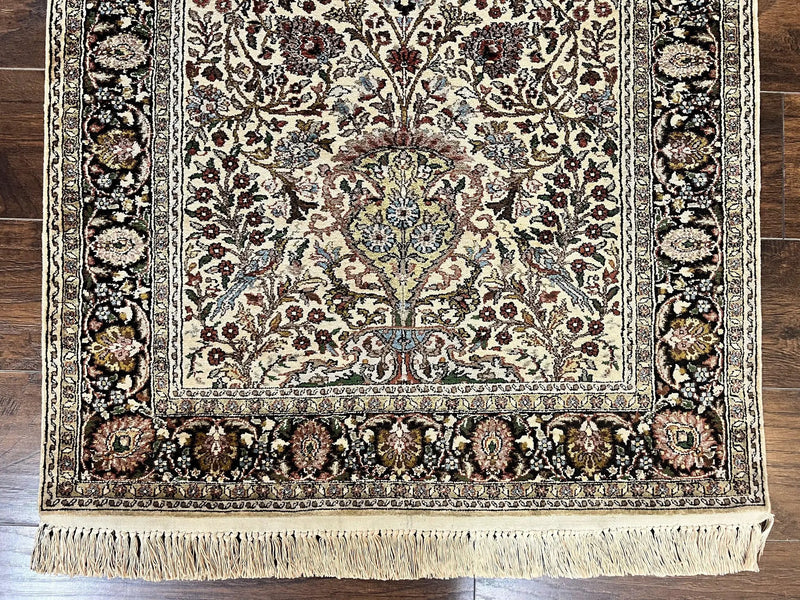 Turkish Kayseri Silk Rug 3x5, Tree of Life Silk Oriental Carpet, Birds Persian Vase Design, Hand Knotted Vintage Fine Rug, 340 KPSI by Jewel Rugs