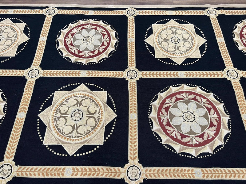 Large Needlepoint Rug 10x13, Panel Design, Black and Beige, Wool Needlepoint Carpet 10 x 13, English Garden, Handwoven Area Rug, Living Room by Jewel Rugs