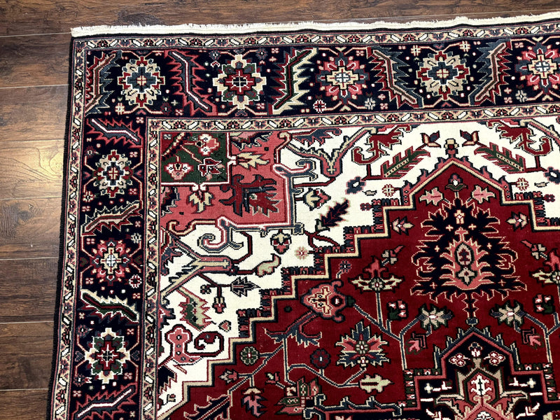 Indo Persian Heriz Rug 8x10, Geometric Medallion, Brick Red Ivory Navy Blue, Room Sized Heriz Carpet, Wool Rug by Jewel Rugs
