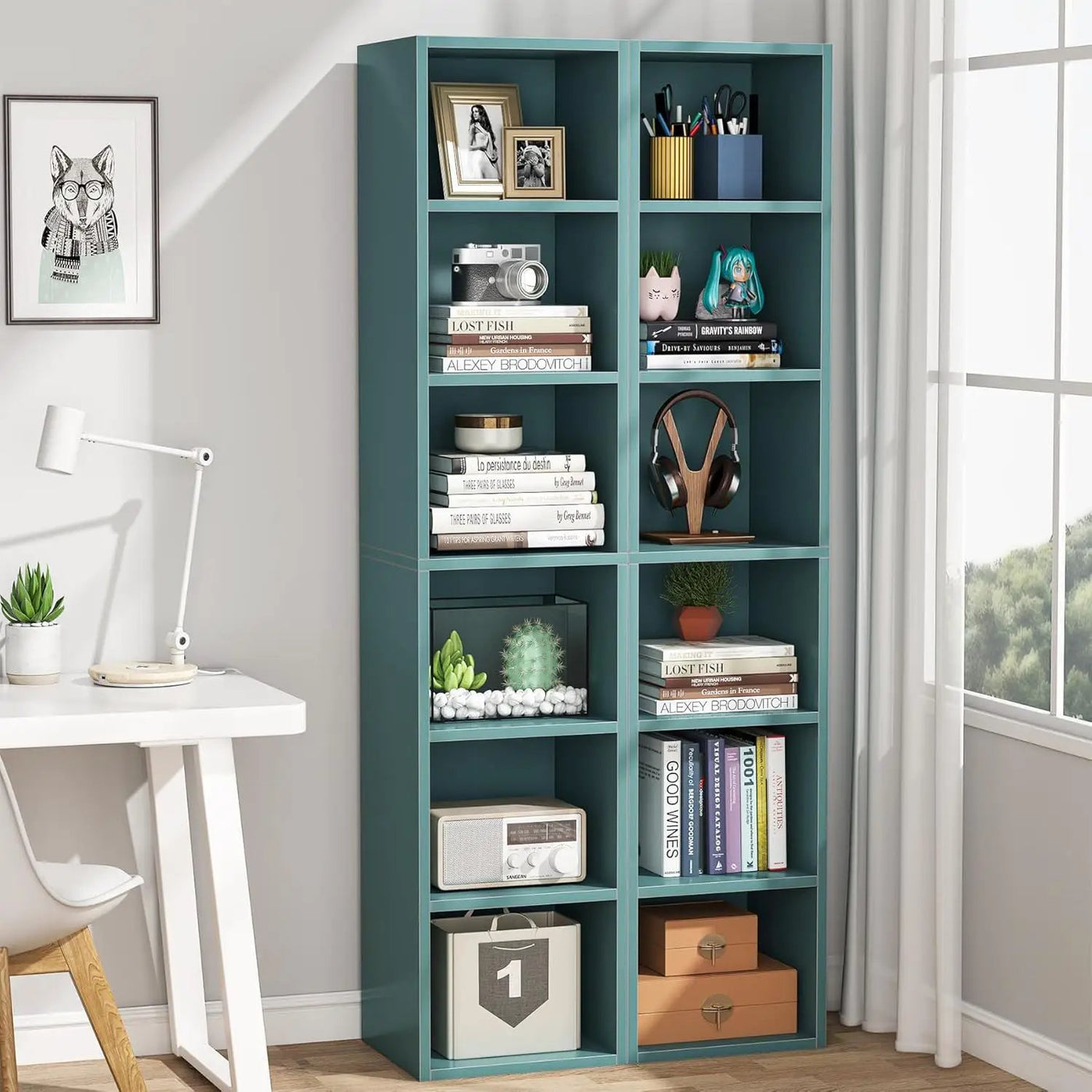 6 Tier Narrow Corner Cube Bookcase Storage, Freestanding Shelf With Open Cubes For Living Room by HouseOfZazla