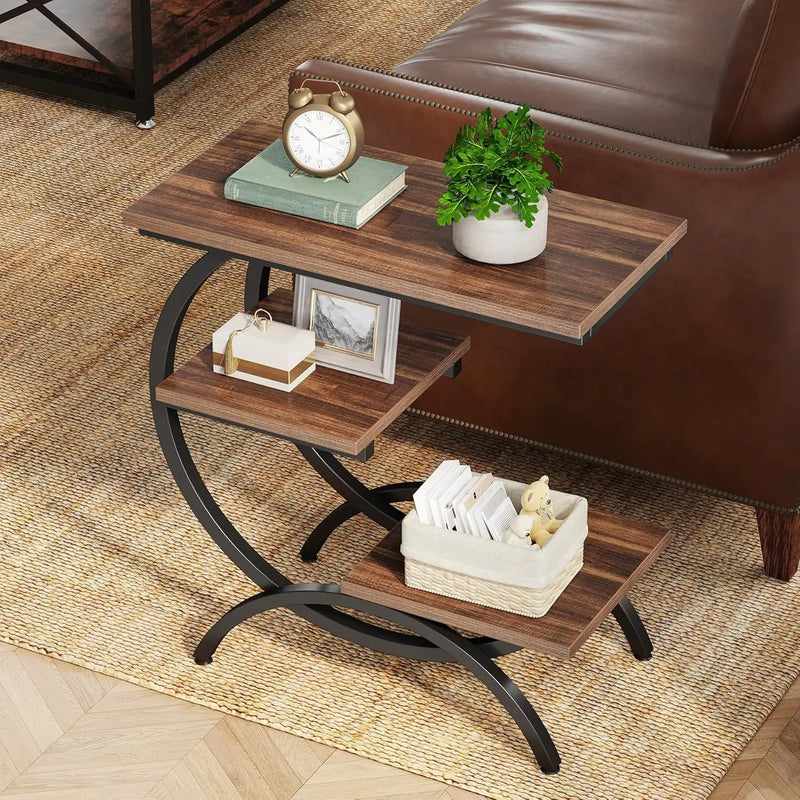 C-Shaped 3 Tier Side Table - Rustic Brown by HouseOfZazla