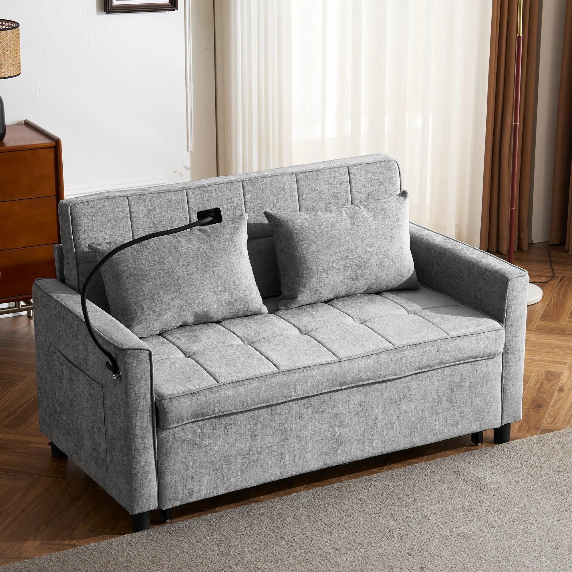 Pull-Out Sleeper Sofa With Reversible Backrest Cushion, Side Pockets, 2 USB Ports And A Phone Holder For Living Room by Unique Piece Furniture