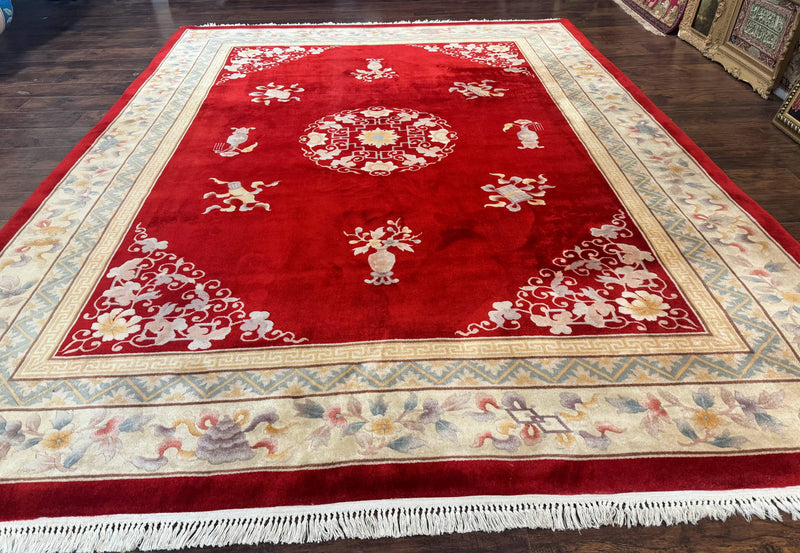 Chinese Wool Rug 8.6 x 11, Red and Beige Asian Oriental Carpet, Plush Pile, Vintage Handmade Chinese Carving Sculpted Rug, Semi Open Field by Jewel Rugs