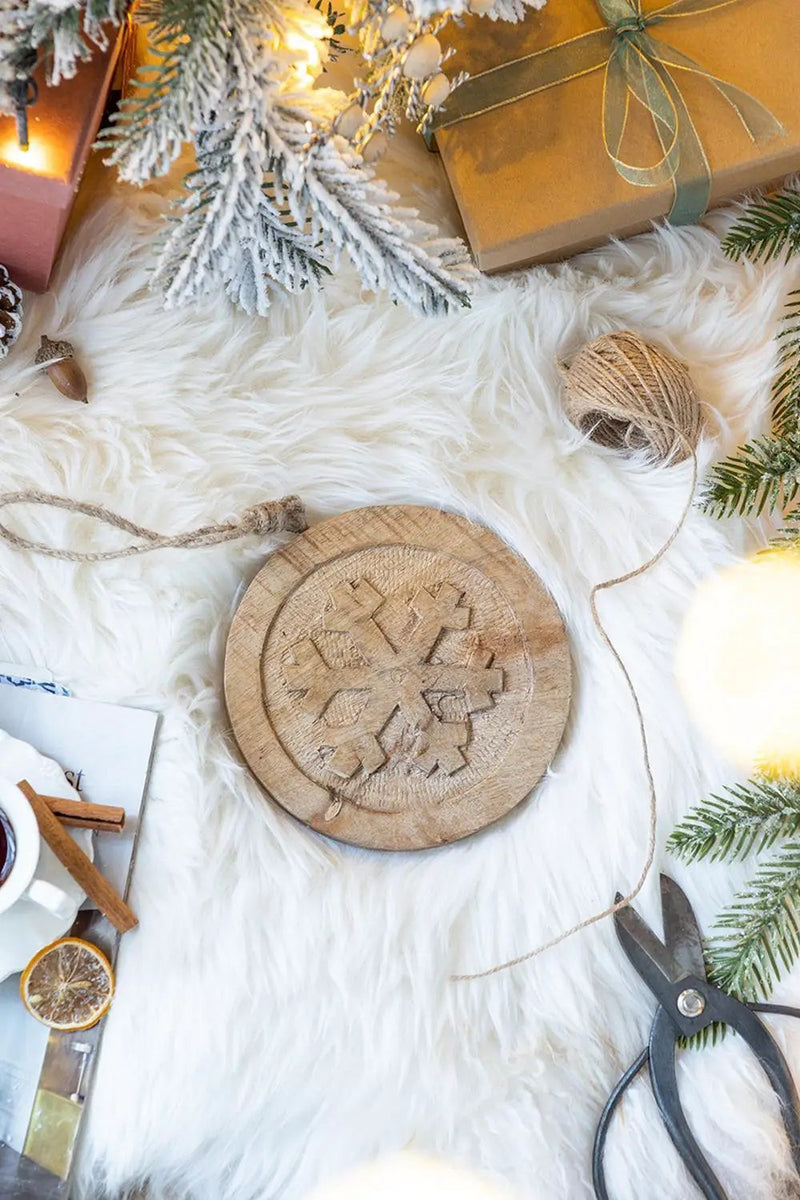 Wooden Hanging Circle With Snowflake Cut Decorative Hanging Christmas Tree Ornaments For Holiday Party Decorations (Set of 12) - Multi by Unique Piece Furniture