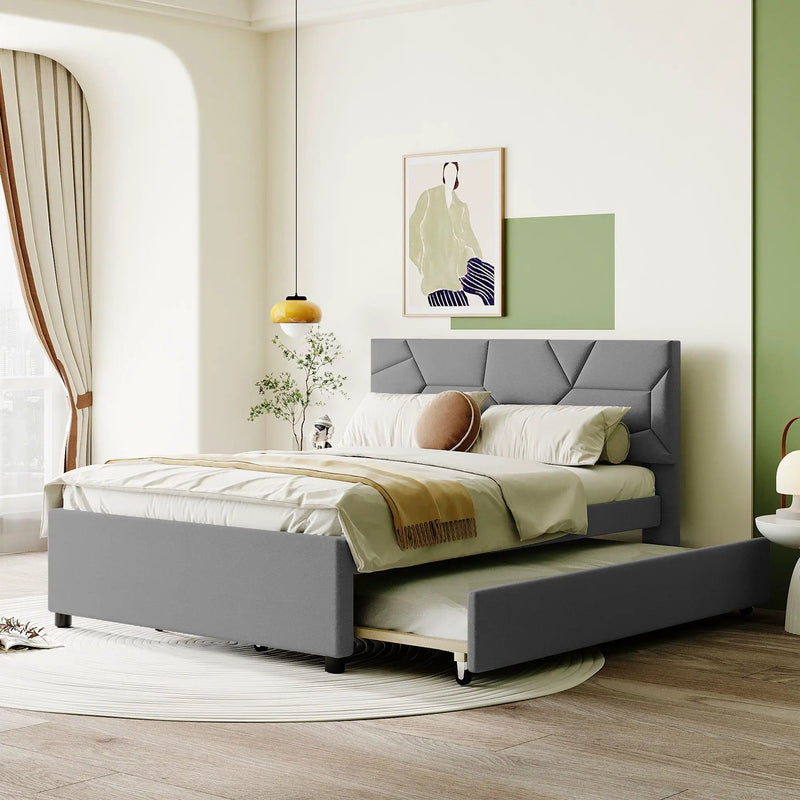 Upholstered Platform Bed With Brick Pattern Headboard And Twin Long Size Trundle by Unique Piece Furniture