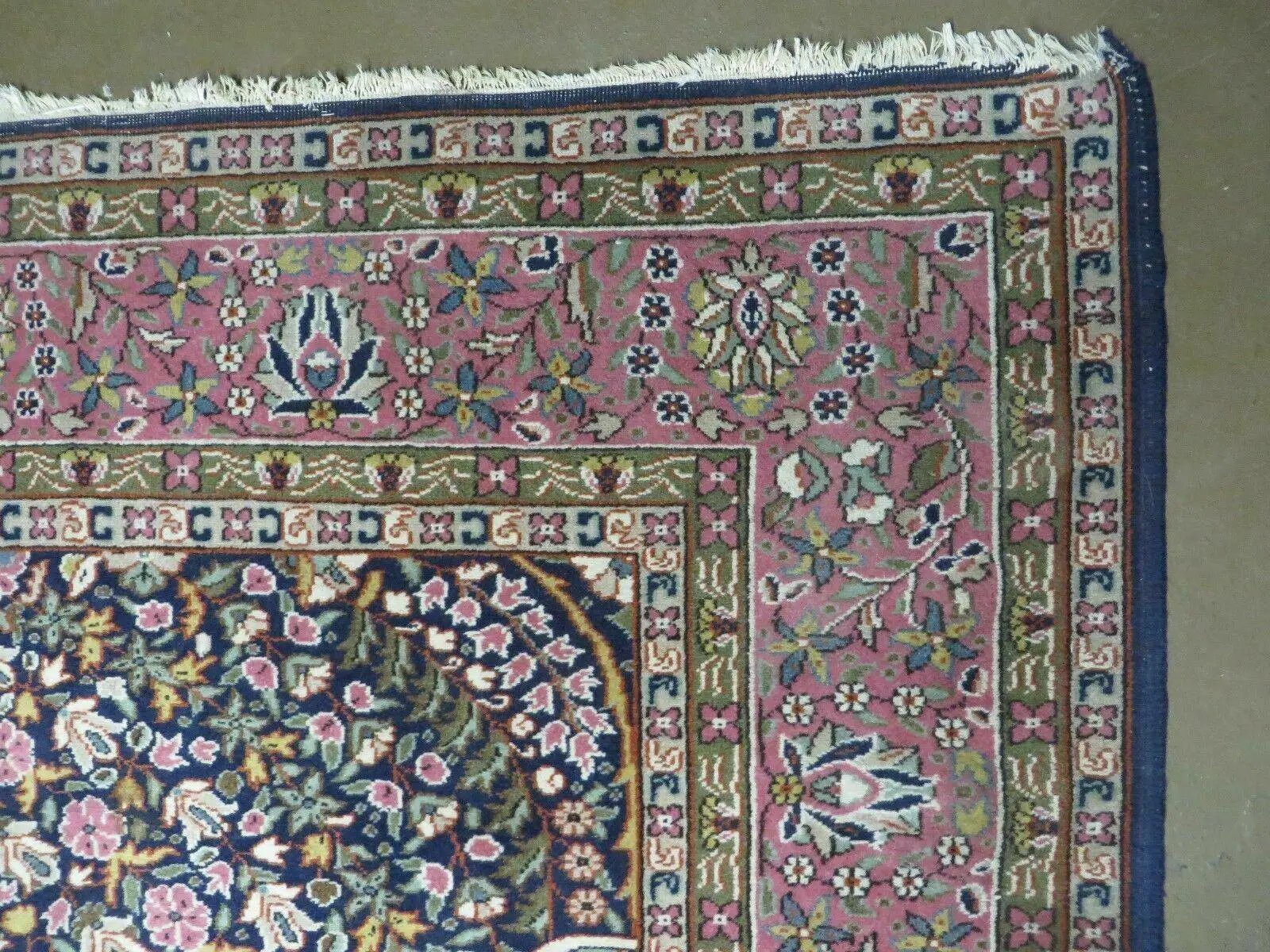 Turkish Sivas Rug 7x11, Navy Blue & Pink, Millifluer Floral Wool Carpet, Vintage by Jewel Rugs