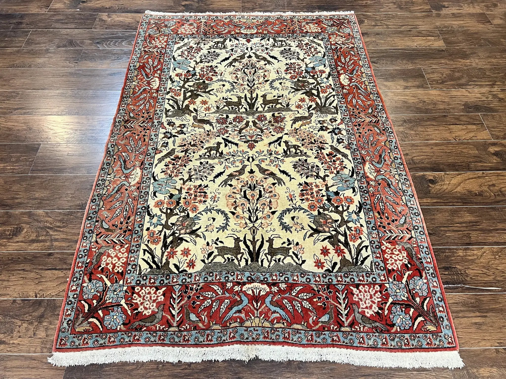 Persian Tree of Life 5x7, Qum Rug, Animal Motifs, Deer Birds, Fine 225 KPSI, Semi Antique Wool Rug, Cream Red by Jewel Rugs