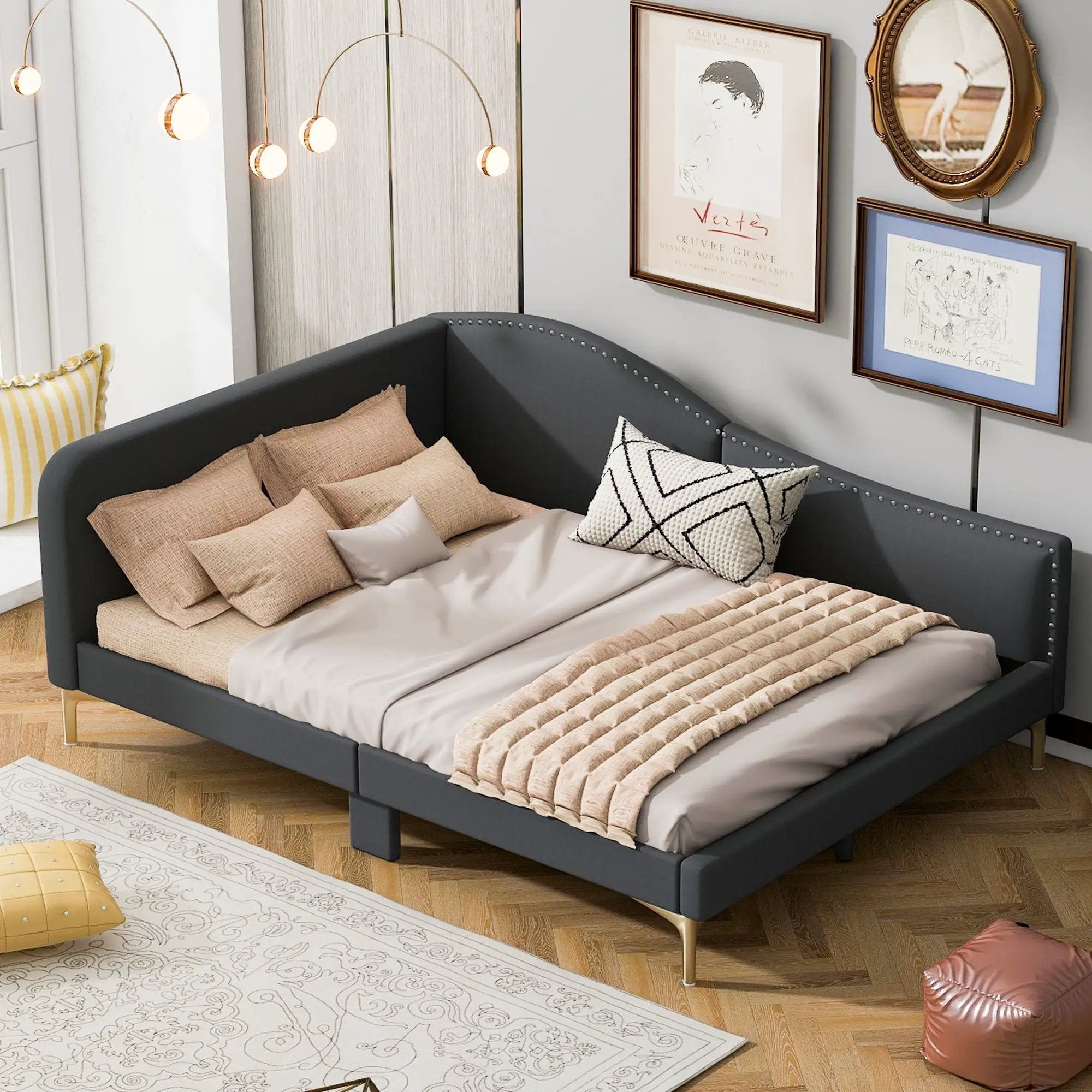 Upholstered Daybed With Headboard And Armrest, Support Legs by HouseOfZazla