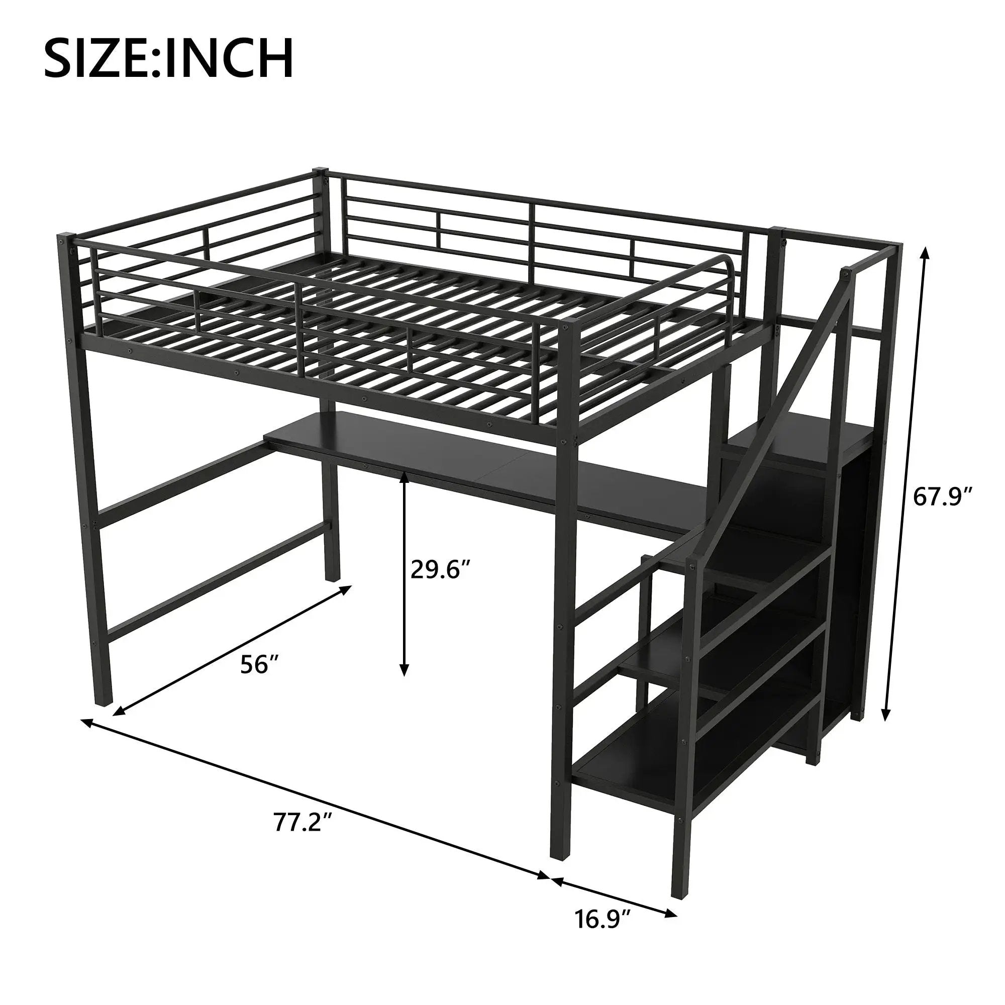 Full Size Loft Bed With Desk, Storage Staircase, Small Wardrobe And LED Light - Black by HouseOfZazla