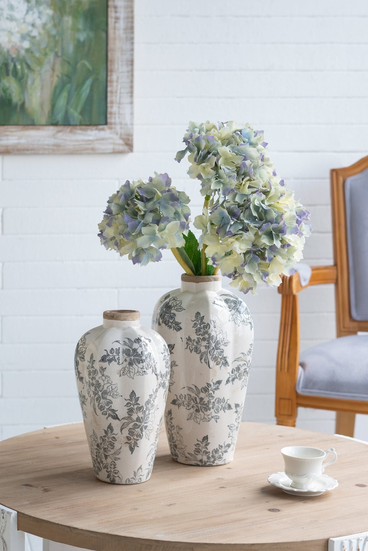 8.1x8.1x13.6' White Ceramic Accent Vase with Gray Floral Design by HouseOfZazla