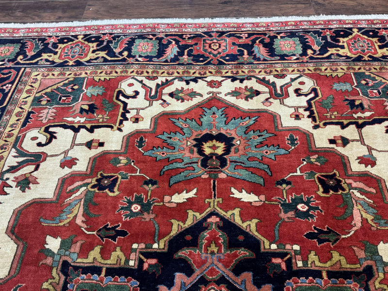 Persian Heriz Serapi Rug 8 x 10.6, Geometric Medallion, Great Colors, Rare, Red Navy Blue Ivory by Jewel Rugs