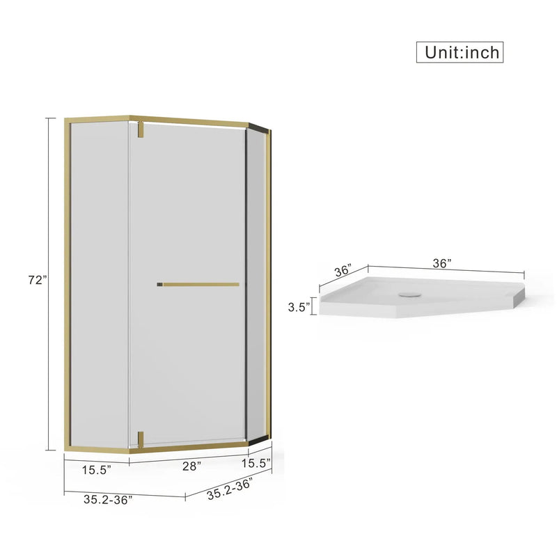 Goodyo - Neo-Angle Frameless Shower Door Corner Enclosure With Acrylic Shower Base Combo, Pivot Shower Door by HouseOfZazla