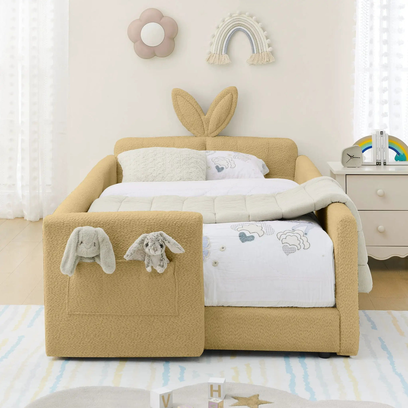 Cute Rabbit Ear Upholstered Platform Bed Frame With Safety Rail by Unique Piece Furniture