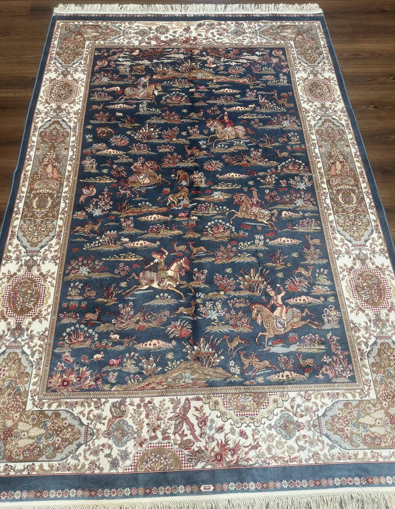 Turkish Silk Rug 5x8, Hunting Design, Animal Pictorials, Steel Blue & Ivory, Bamboo Silk by Jewel Rugs