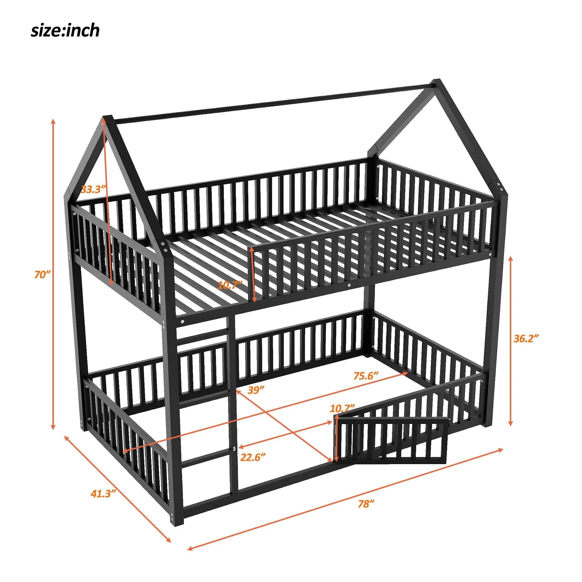 Metal House Bunk Bed With Fence And Door by Unique Piece Furniture