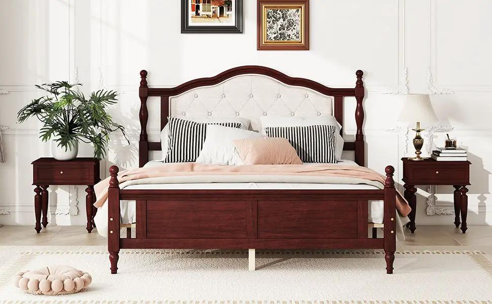Pine Wooden Bed With Upholstered Headboard And Panel Footboard, With Two Bed Rail Support Feet And Central Platform Support Feet by Unique Piece Furniture