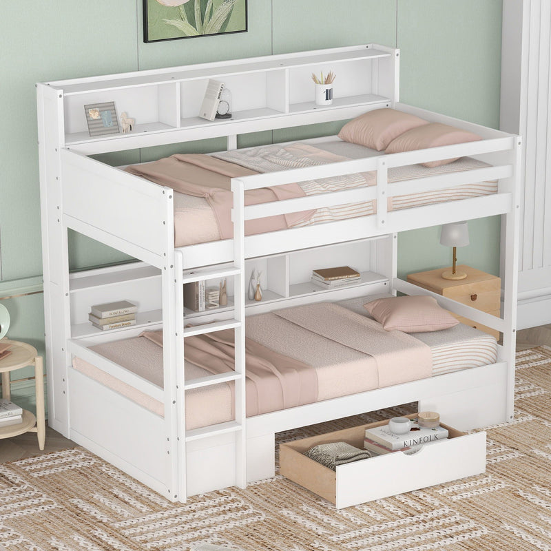 Twin Size Bunk Bed With Built-In Shelves Beside Both Upper And Down Bed And Storage Drawer by Unique Piece Furniture