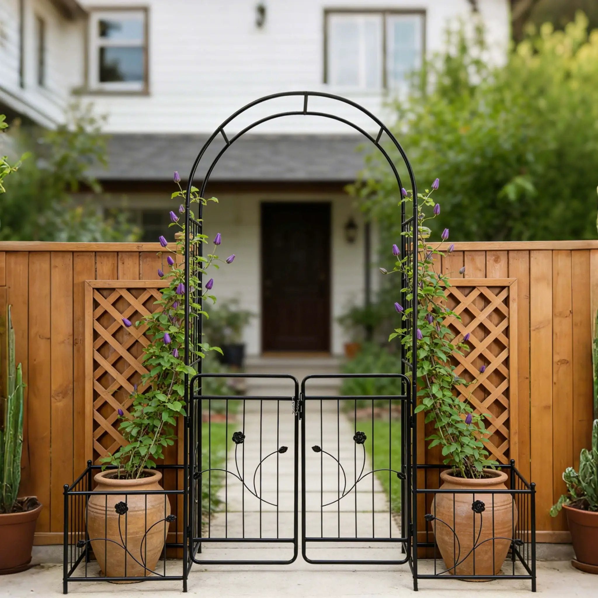 Metal Garden Arch With Gate Wide High Climbing Plants Support Rose Arch Outdoor - Black by Unique Piece Furniture