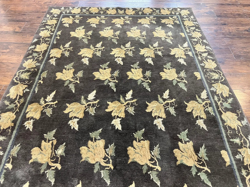 Tibetan Nepal Rug 6x9, Wool Hand Knotted Vintage Carpet 6 x 9, Dark Green & Golden Yellow, Floral Bouquets by Jewel Rugs