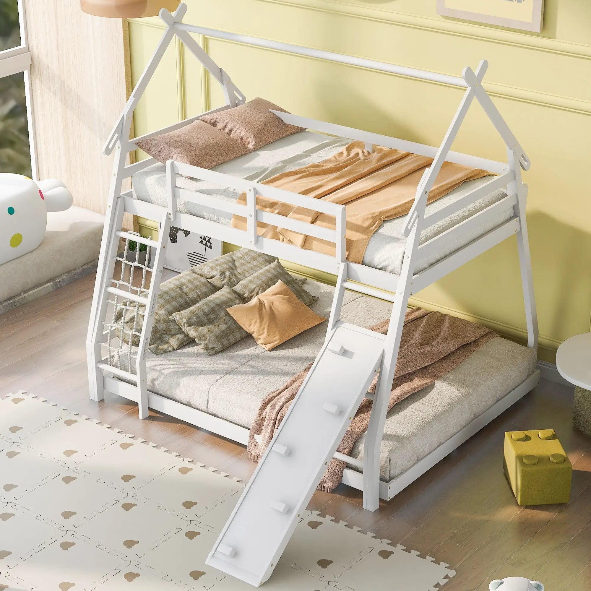 Georgiana - Twin Over Queen House Bunk Bed With Climbing Nets And Climbing Ramp by Unique Piece Furniture