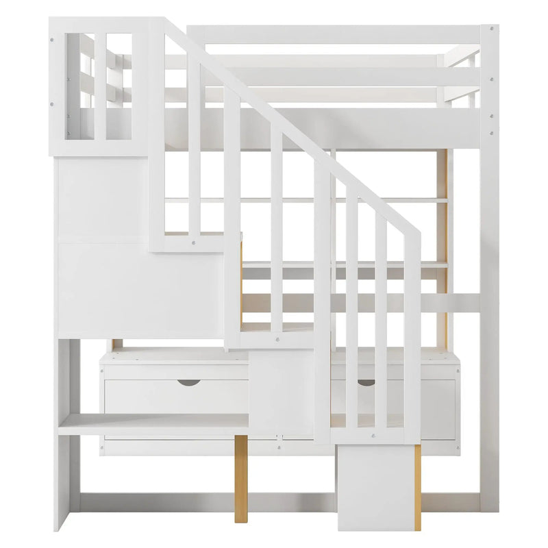 Full Size Loft Bed With Desk And Shelves, 2 Built In Drawers, Storage Staircase - Natural / White by HouseOfZazla