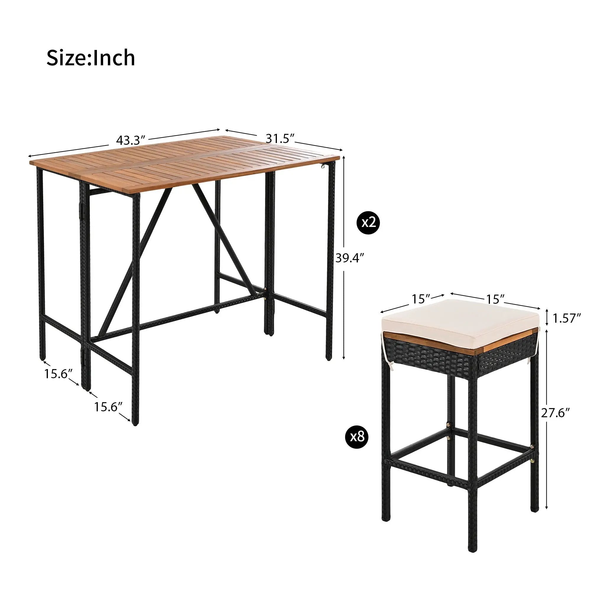 Outdoor Acacia Wood Bar Height Table and Eight Stools with Cushions by HouseOfZazla