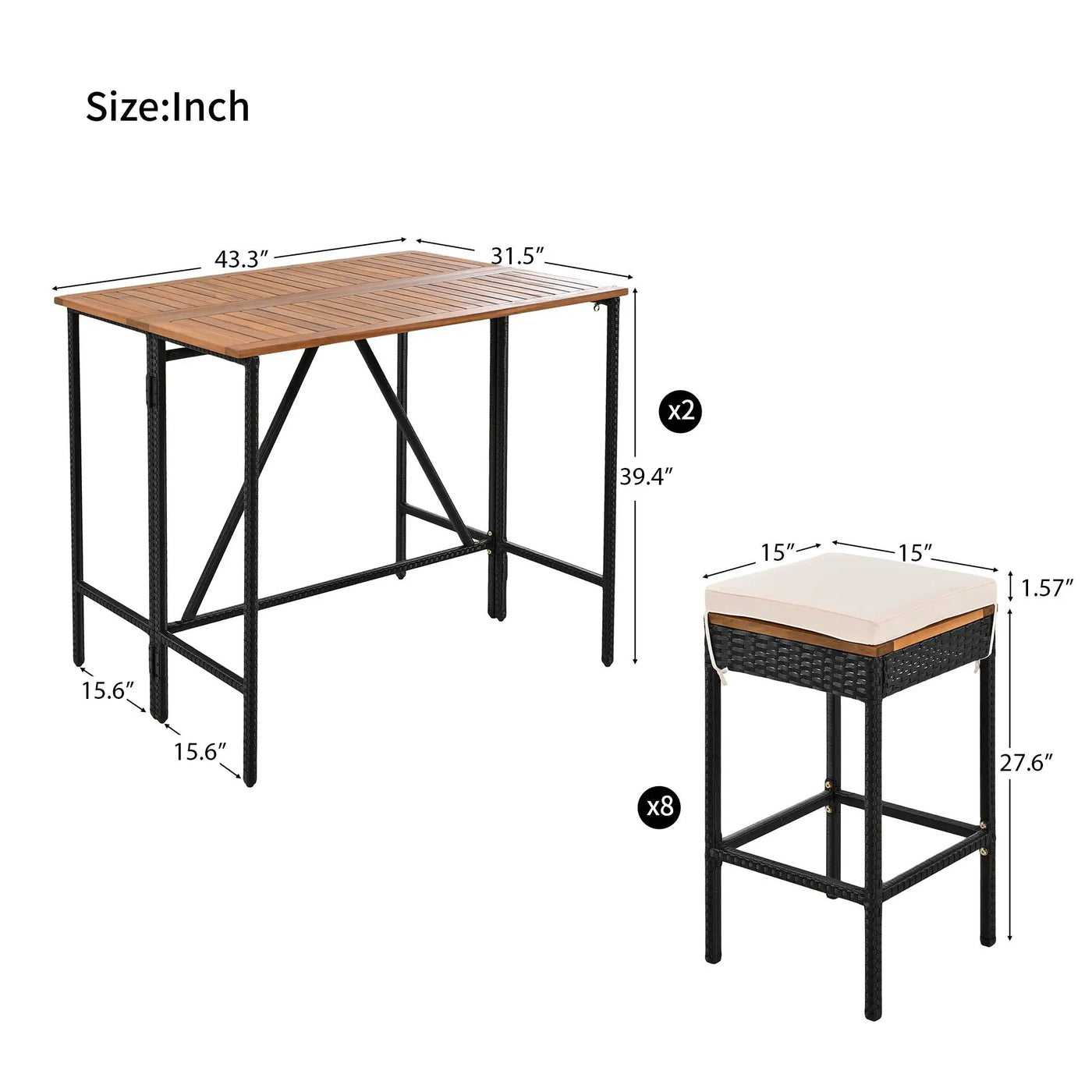 Outdoor Acacia Wood Bar Height Table And Eight Stools With Cushions by Unique Piece Furniture