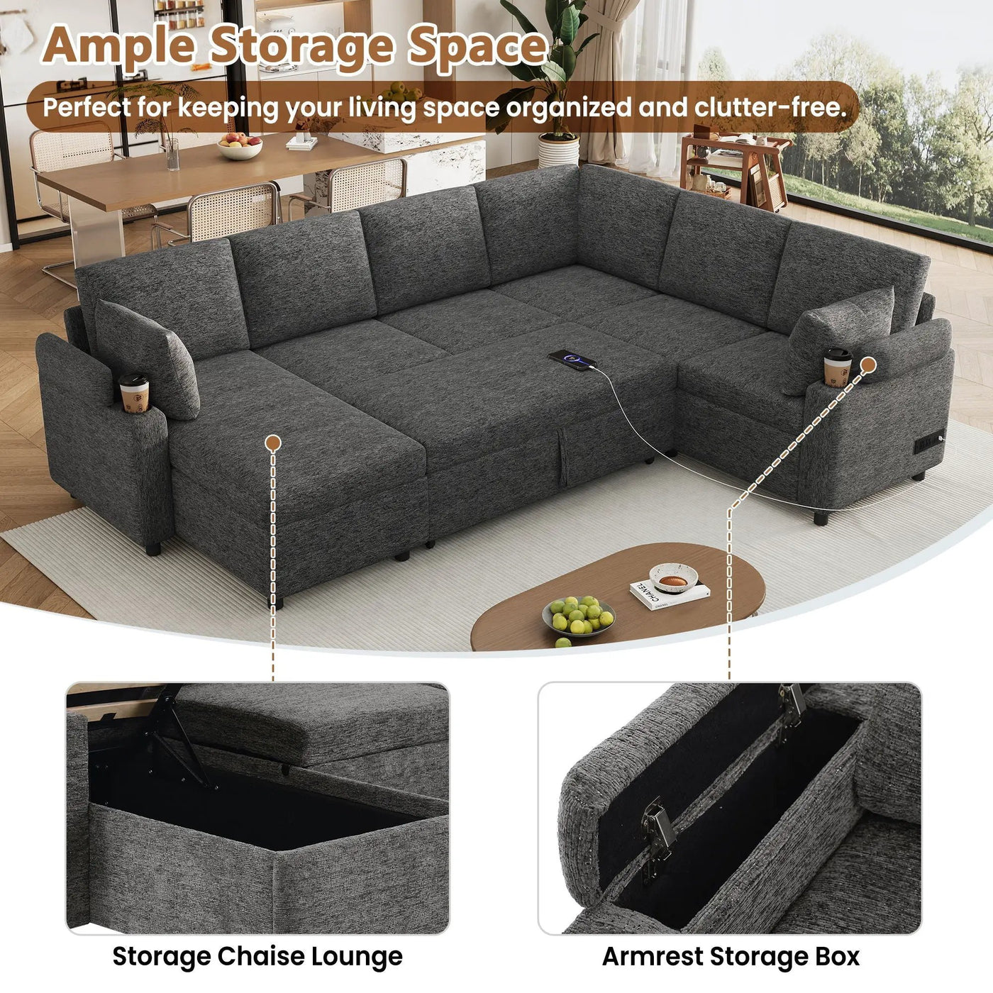 U-Shaped Sectional Sleeper Sofa With Ample Storage Space, 2 Cup Holders And Charging Ports For Living Room by Unique Piece Furniture