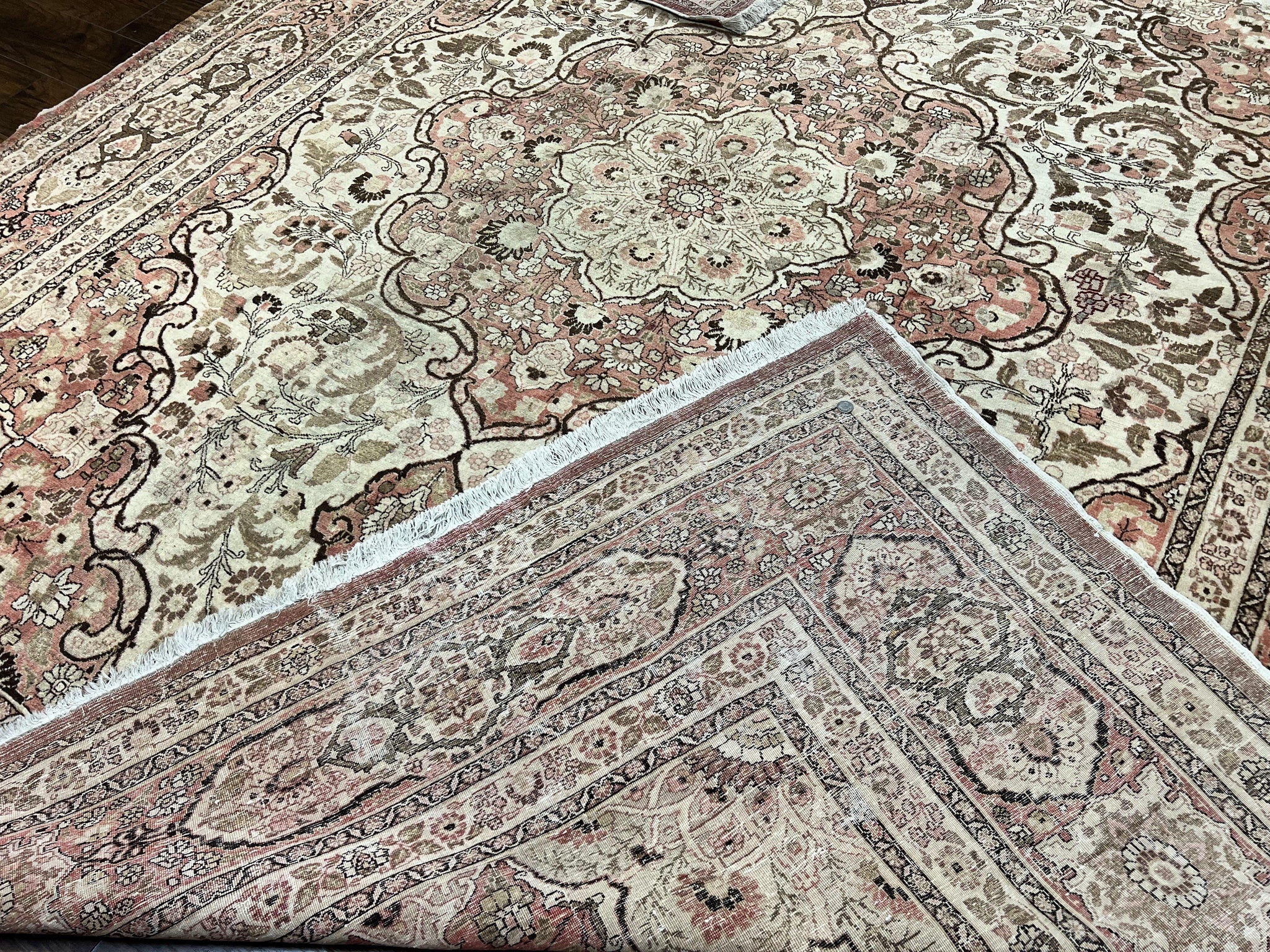 Antique Persian Tabriz Rug 10x12, Wool Hand Knotted Oriental Carpet, Beige Light Red, Floral Medallion by Jewel Rugs