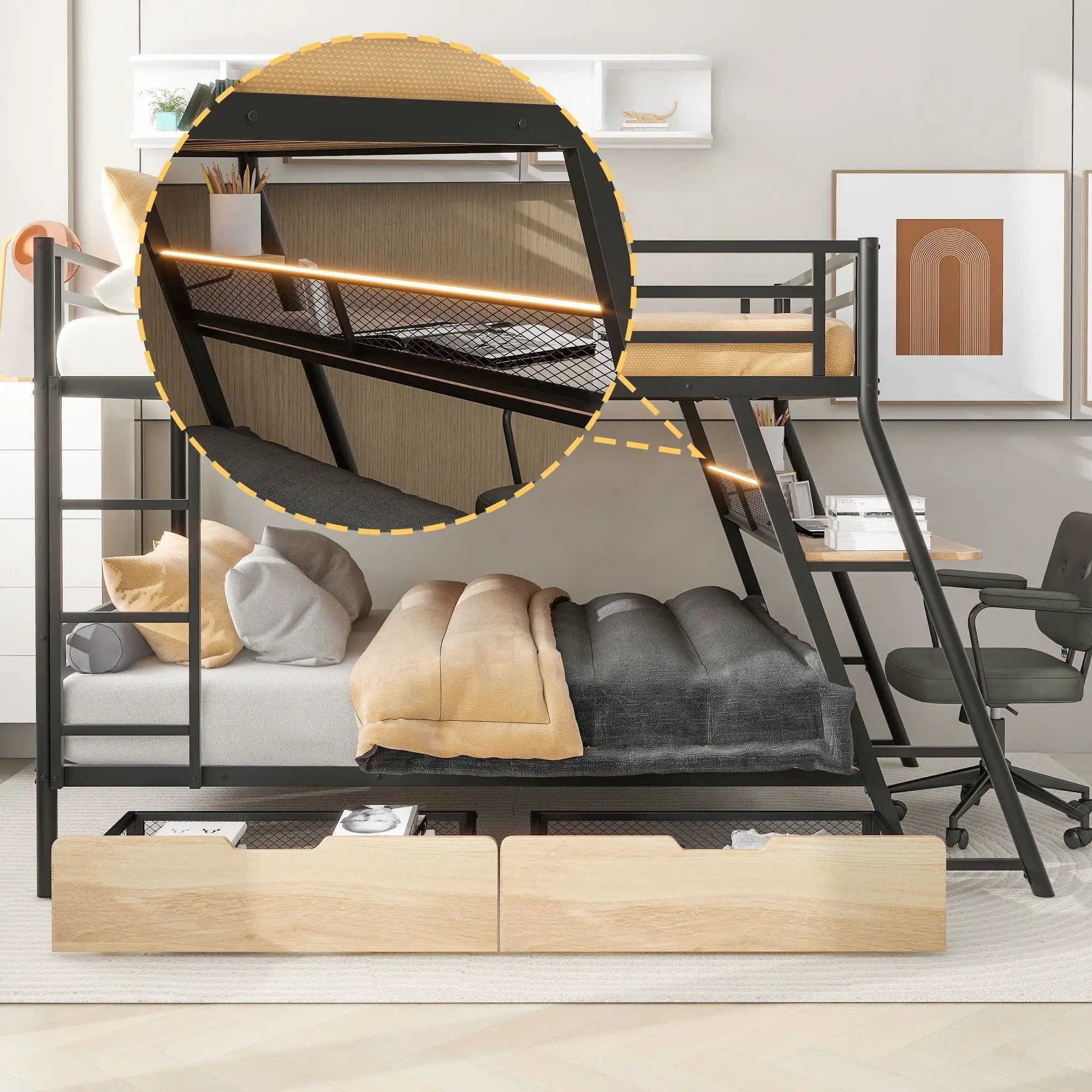 Full Size Bunk Bed With Built In Desk, Light, And 2 Drawers - Black by Unique Piece Furniture