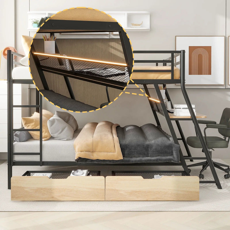 Full Size Bunk Bed With Built In Desk, Light, And 2 Drawers - Black by Unique Piece Furniture