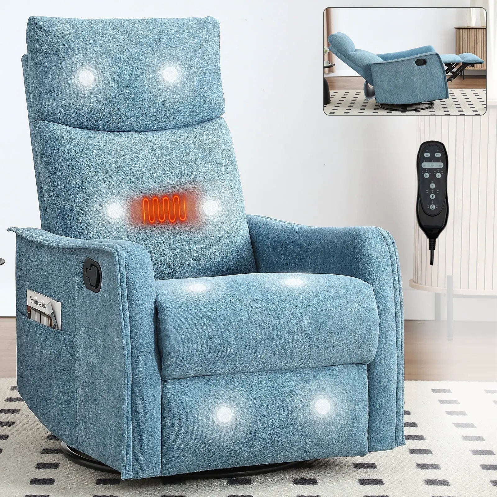 Heat Massage Manual Recliner Chair with Rocker and Swivel in Fabric for Living Room by HouseOfZazla