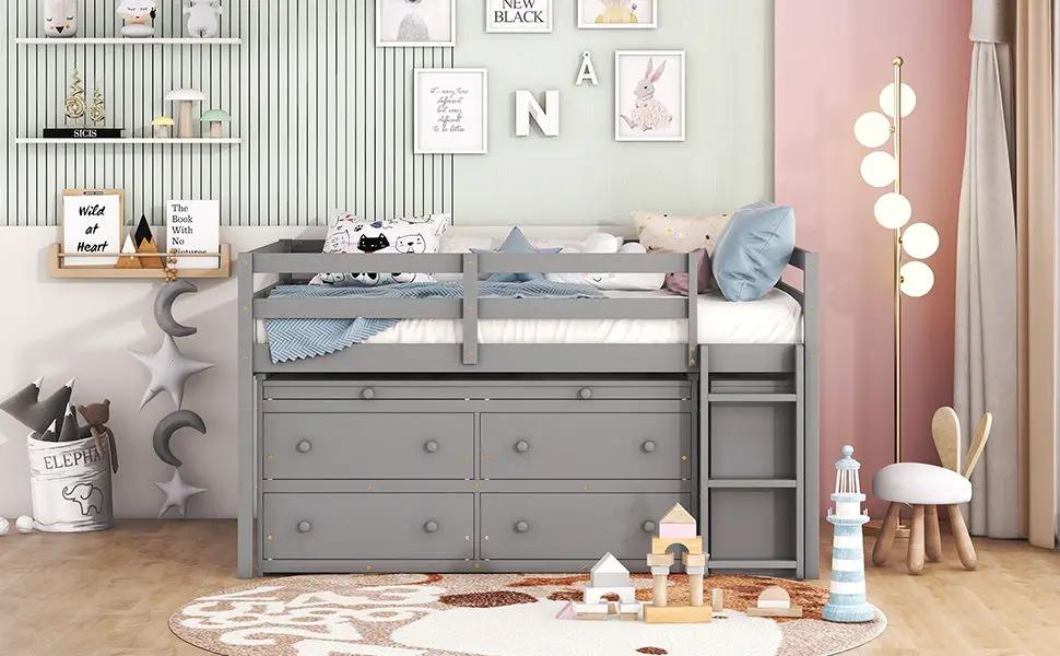 Loft Bed With Retractable Writing Desk And 4 Drawers, With Lateral Portable Desk And Shelves by HouseOfZazla