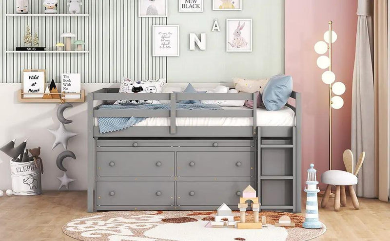 Loft Bed With Retractable Writing Desk And 4 Drawers, With Lateral Portable Desk And Shelves by HouseOfZazla
