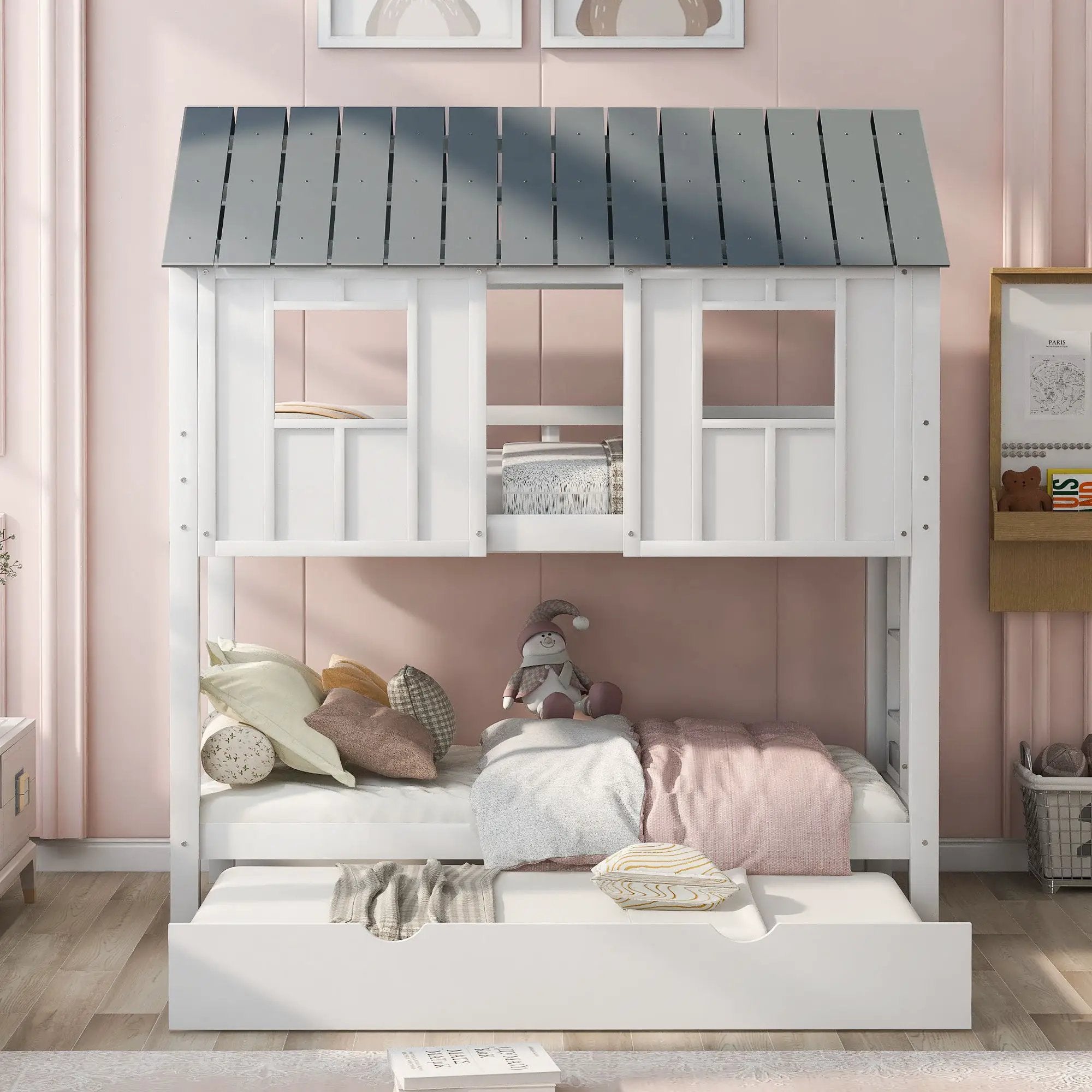 Twin Size House Bunk Bed With Trundle, Roof And Windows - White / Gray by HouseOfZazla
