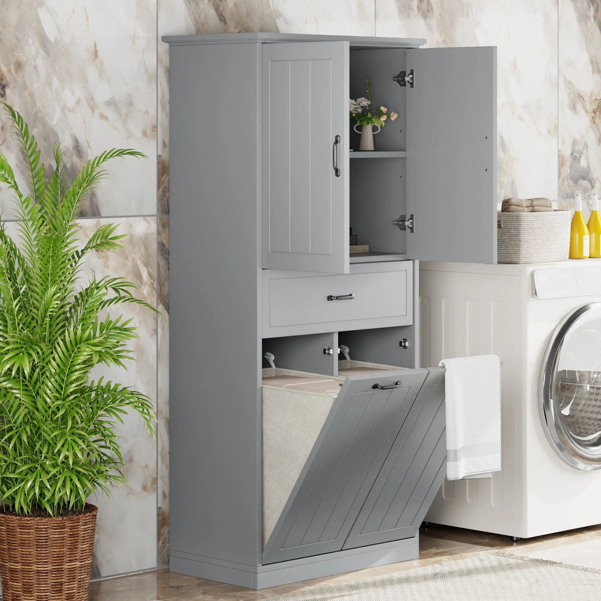 Modern Bathroom Storage Cabinet with Two Laundry Baskets, One Drawer, Adjustable Shelf by HouseOfZazla