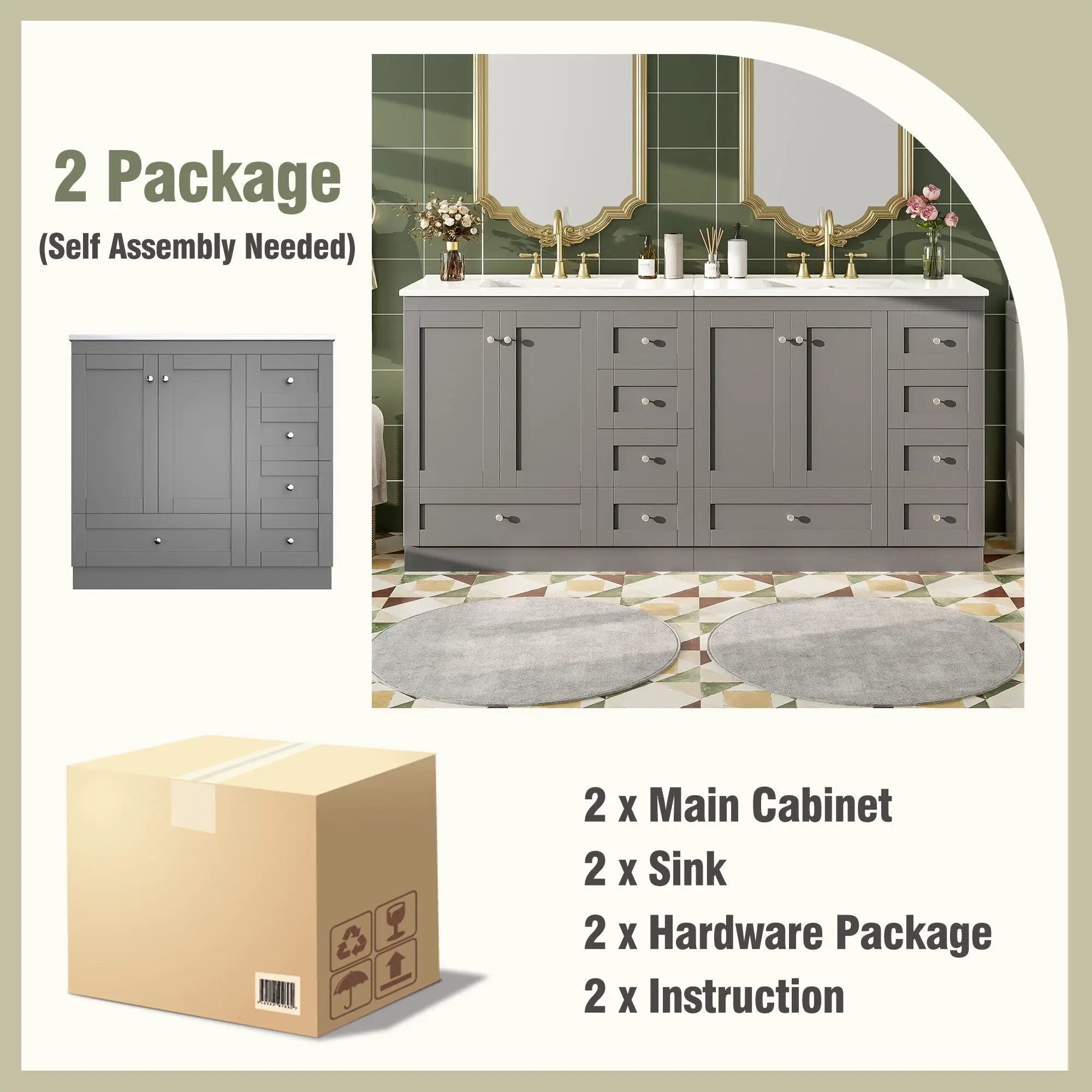 Shaker Free Standing Bathroom Vanity Cabinet & Sink, Soft Close Drawers, Soft Close Doors